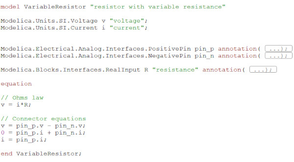 The variable resistor model with variable declarations, equations and connectors