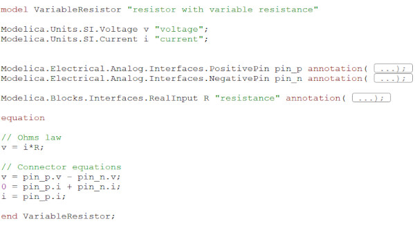 The variable resistor model with variable declarations, equations and connectors 