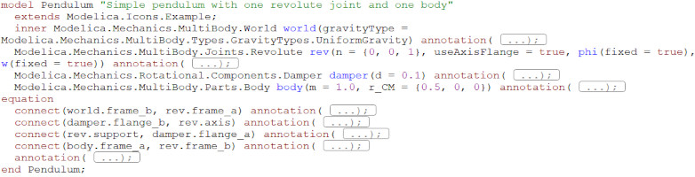 Text view of the pendulum model from Modelica Standard Library